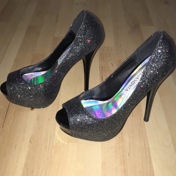 ✨ Black Glitter Peep Toe Heels - Picture 1 of 4